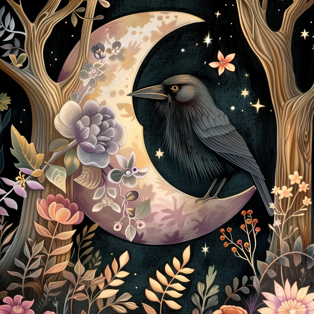 Moon Animals Raven Postcard