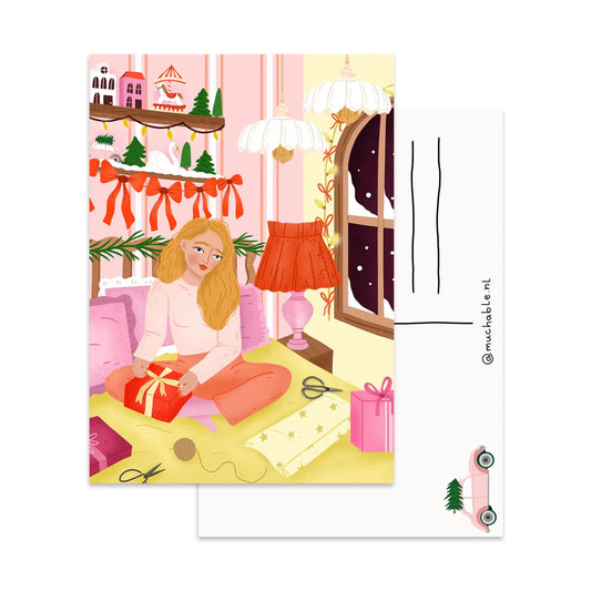 Girl Wrapping GIft Postcard