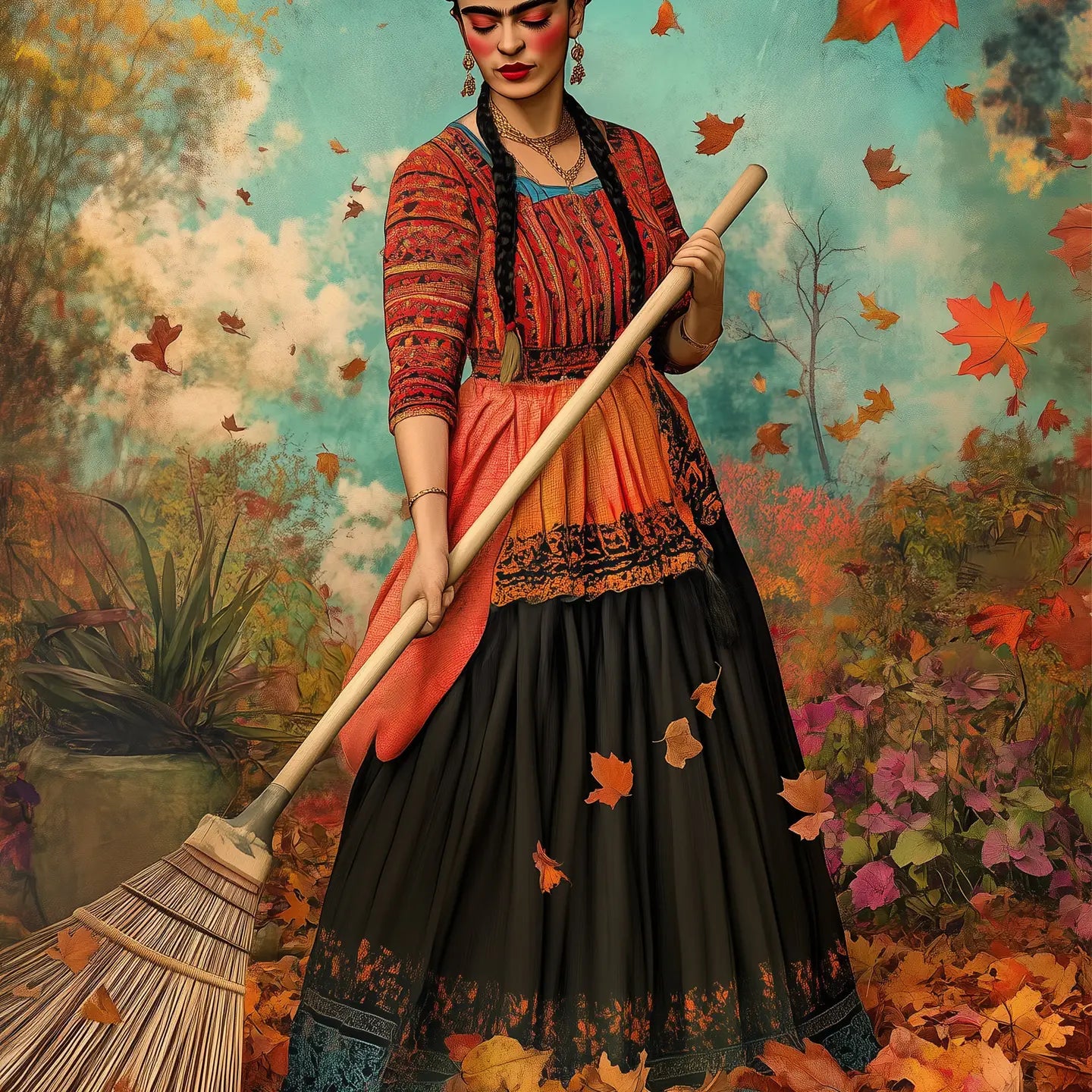 Frida Raking the Leaves