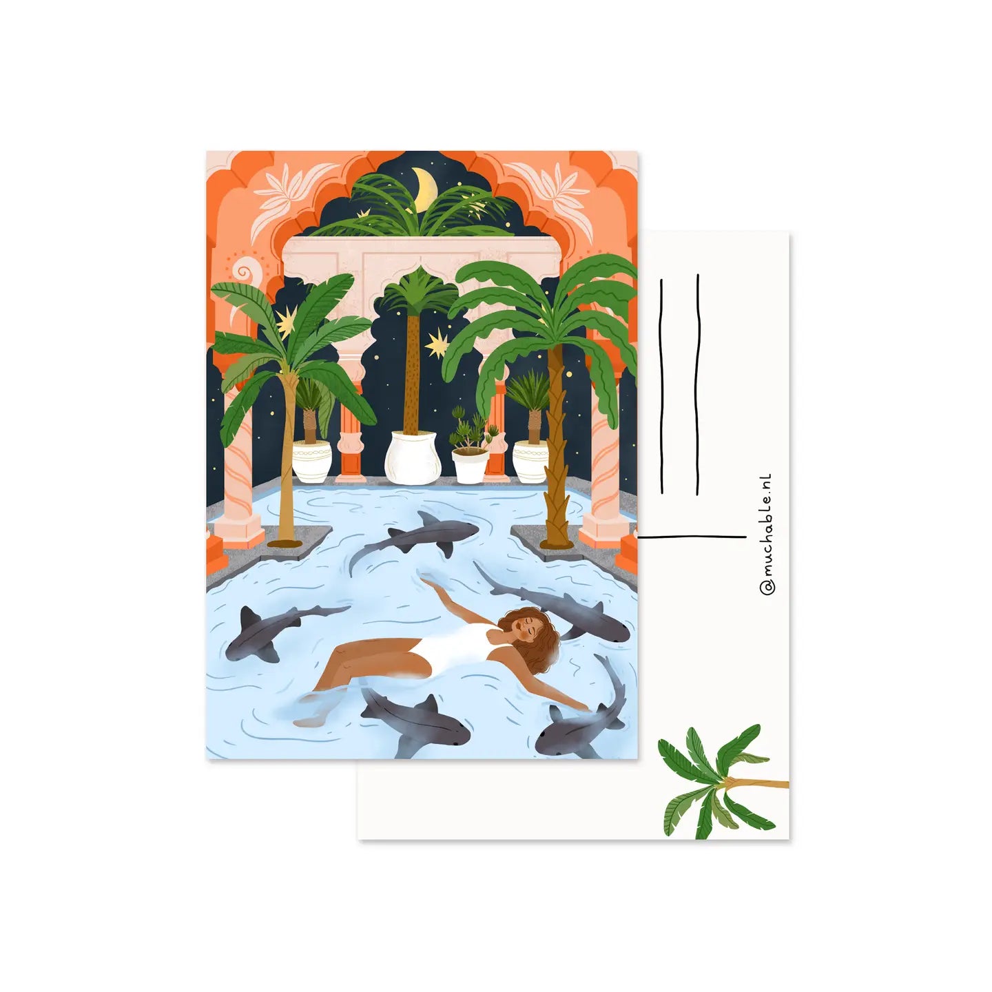 Woman Swimming with Sharks Postcard