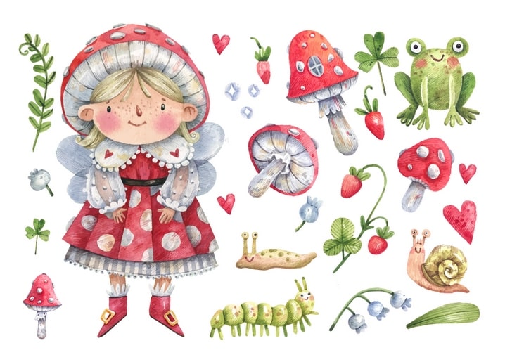 Mushroom Girl & Caterpillars Postcard