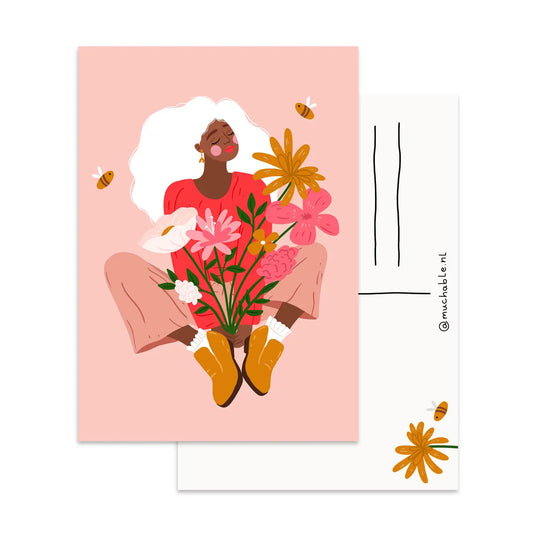 Cheerful Girl with Flowers Postcard