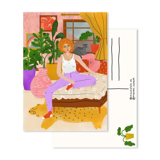 Woman in Winter Cabin Postcard