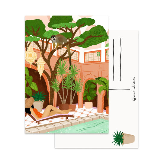 Woman Lounging By Pool Postcard