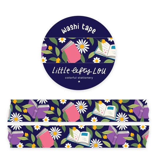 Books and Flowers Dark Blue Washi Tape
