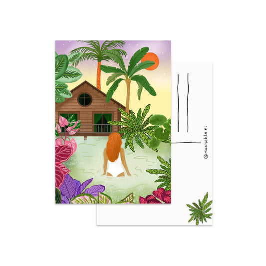 Woman in Pool Jungle Postcard
