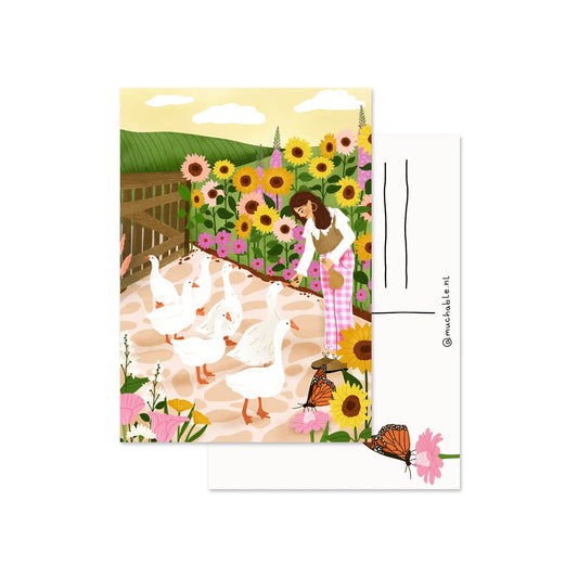 A Woman with Geese and Sunflowers Postcard