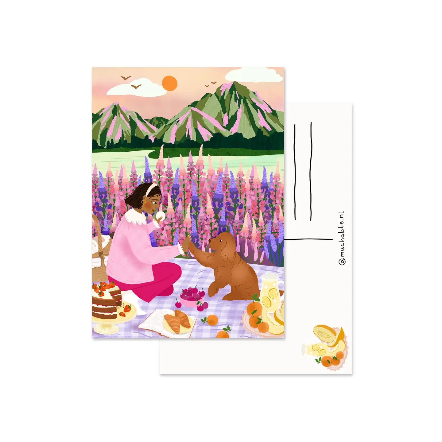 Woman with Dog Picnicking Mountains and Flowers Postcard
