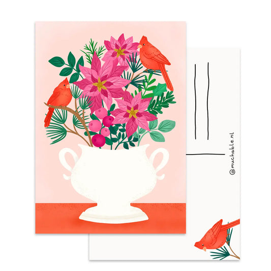 Red Cardinals with Bouquet Postcard