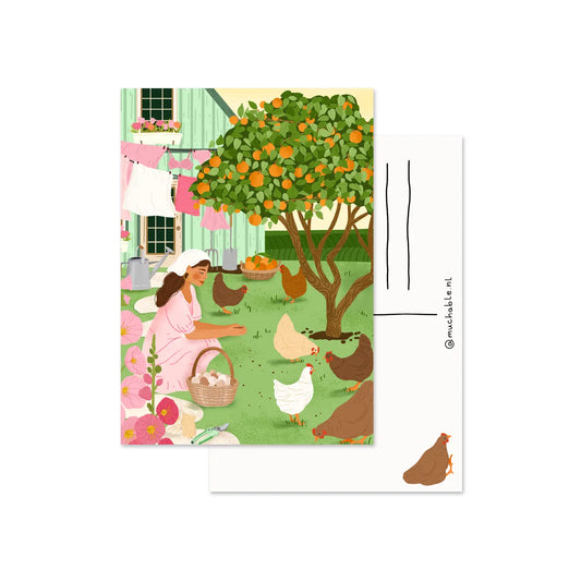 Woman in Garden with Chickens Postcard