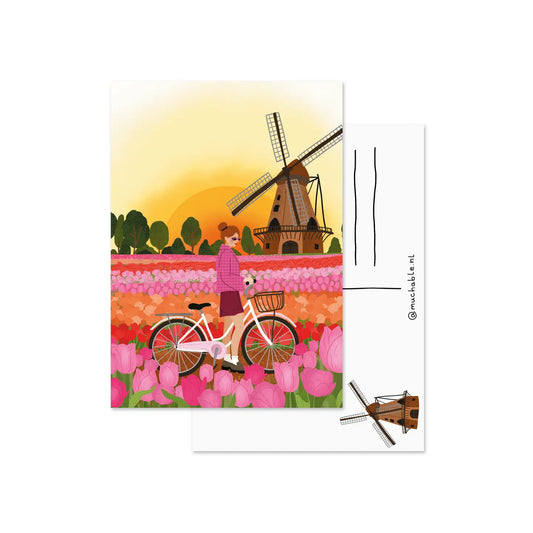 Woman with Bicycle in Tulip Fields Amsterdam Postcard
