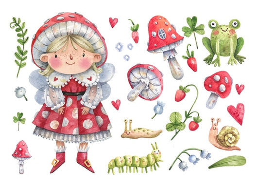 Mushroom Girl & Caterpillars Postcard